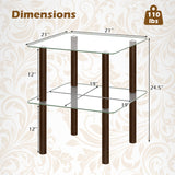 2-Tier Square End Table with Shelf and Clear Tempered Glass Top