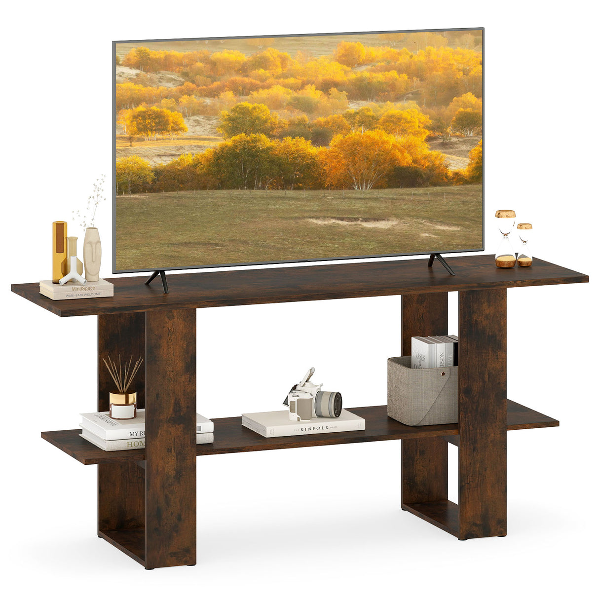 2-Tier TV Stand with Storage for TVs up to 55 Inch Console Table with Open Shelf-Rustic Brown