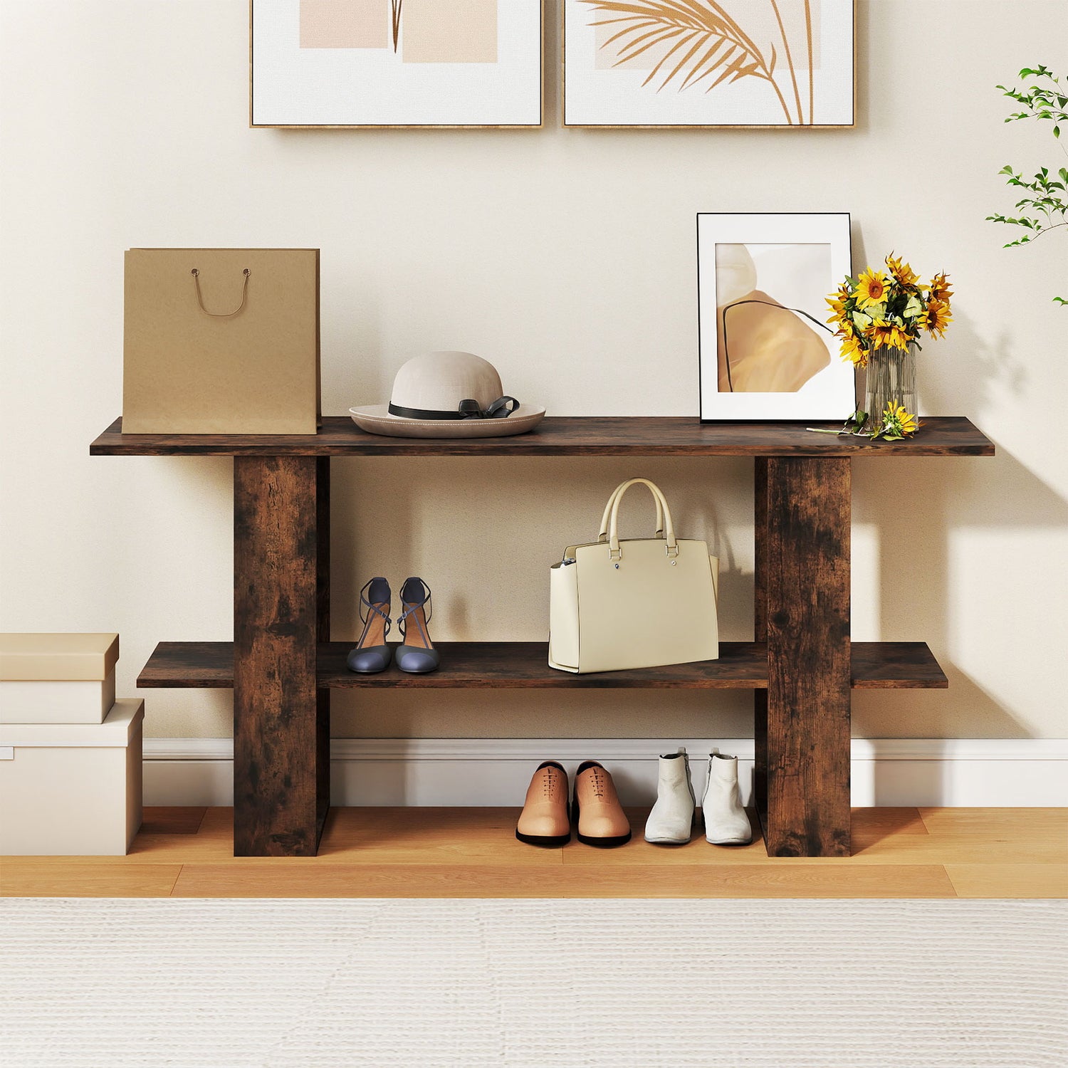 2-Tier TV Stand with Storage for TVs up to 55 Inch Console Table with Open Shelf-Rustic Brown