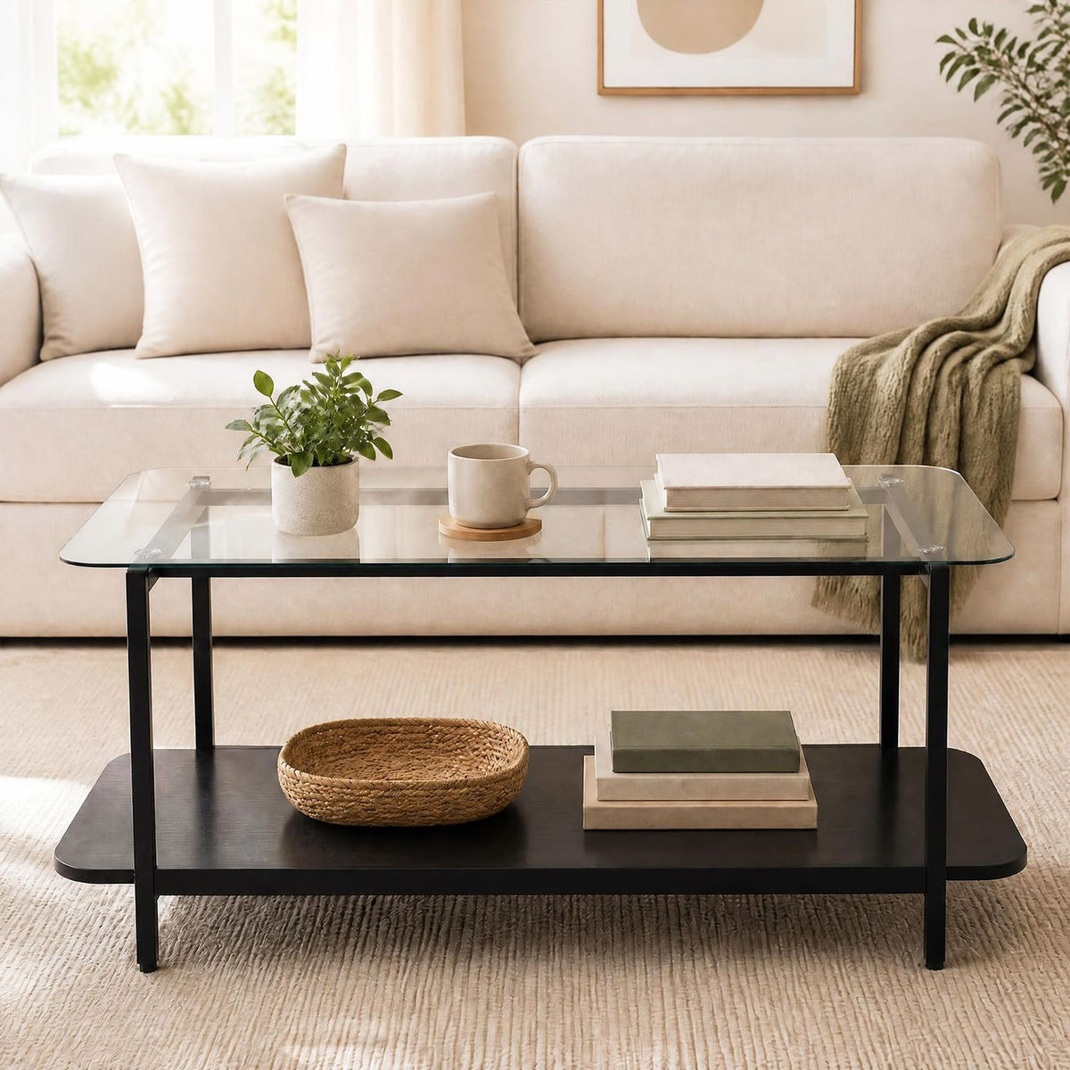 2-Tier Tempered Glass Coffee Table with Storage Shelf-Black