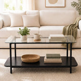 2-Tier Tempered Glass Coffee Table with Storage Shelf-Black