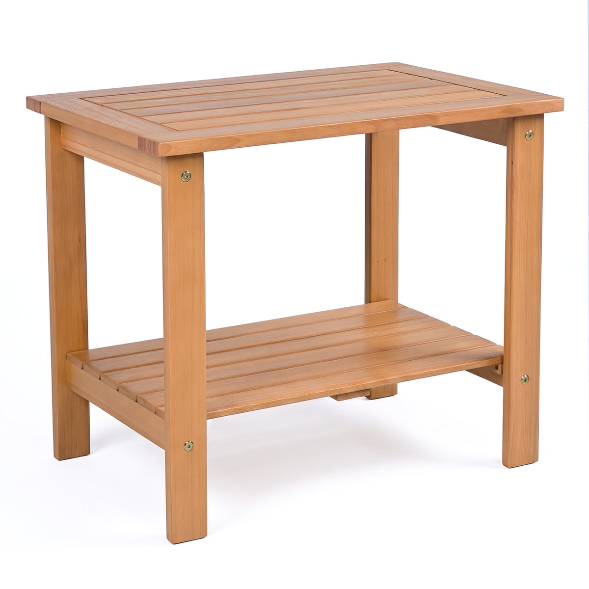 2-Tier Wood Patio End Table with Slatted Tabletop and Storage Shelf for Backyard