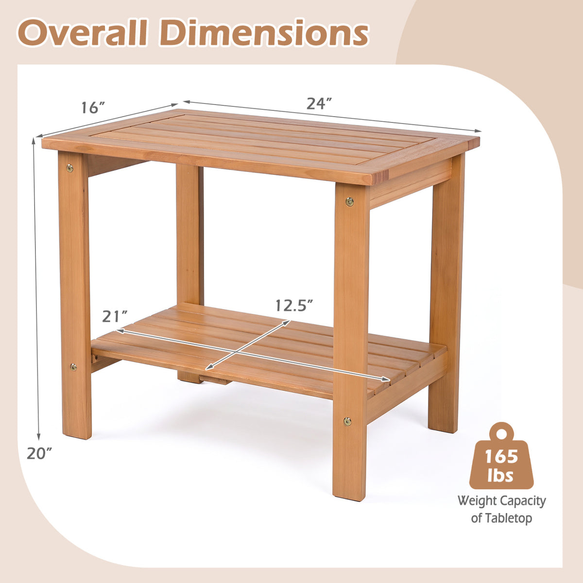 2-Tier Wood Patio End Table with Slatted Tabletop and Storage Shelf for Backyard