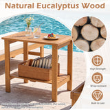 2-Tier Wood Patio End Table with Slatted Tabletop and Storage Shelf for Backyard