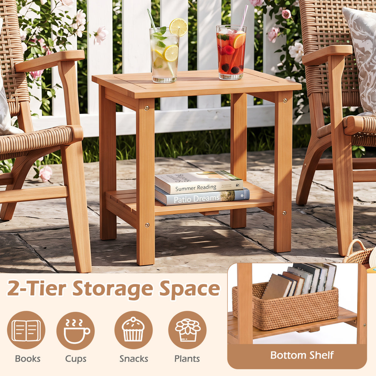 2-Tier Wood Patio End Table with Slatted Tabletop and Storage Shelf for Backyard