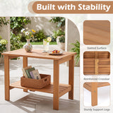 2-Tier Wood Patio End Table with Slatted Tabletop and Storage Shelf for Backyard