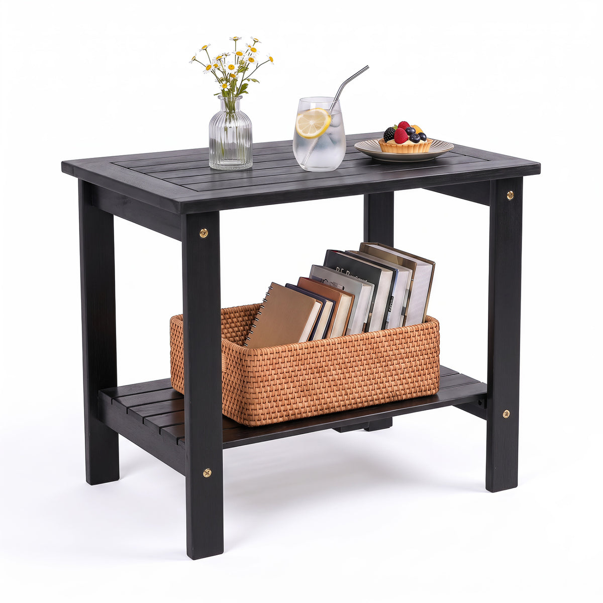 2-Tier Wood Patio End Table with Slatted Tabletop and Storage Shelf for Backyard