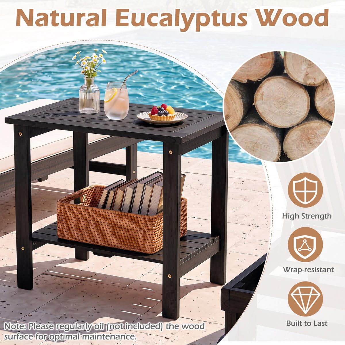 2-Tier Wood Patio End Table with Slatted Tabletop and Storage Shelf for Backyard