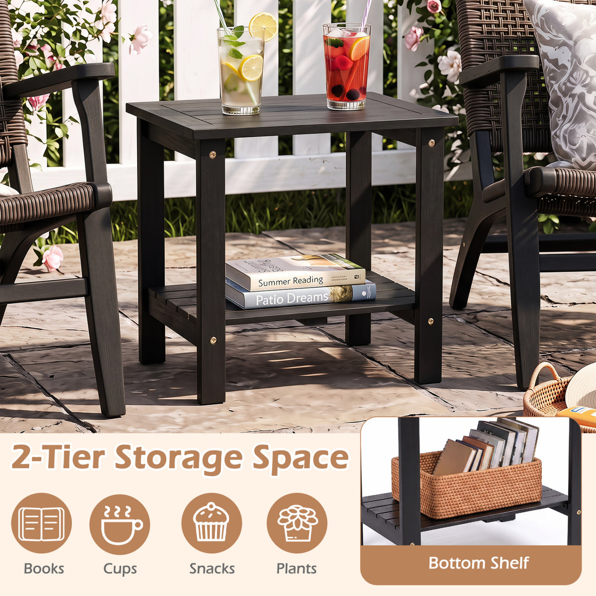 2-Tier Wood Patio End Table with Slatted Tabletop and Storage Shelf for Backyard