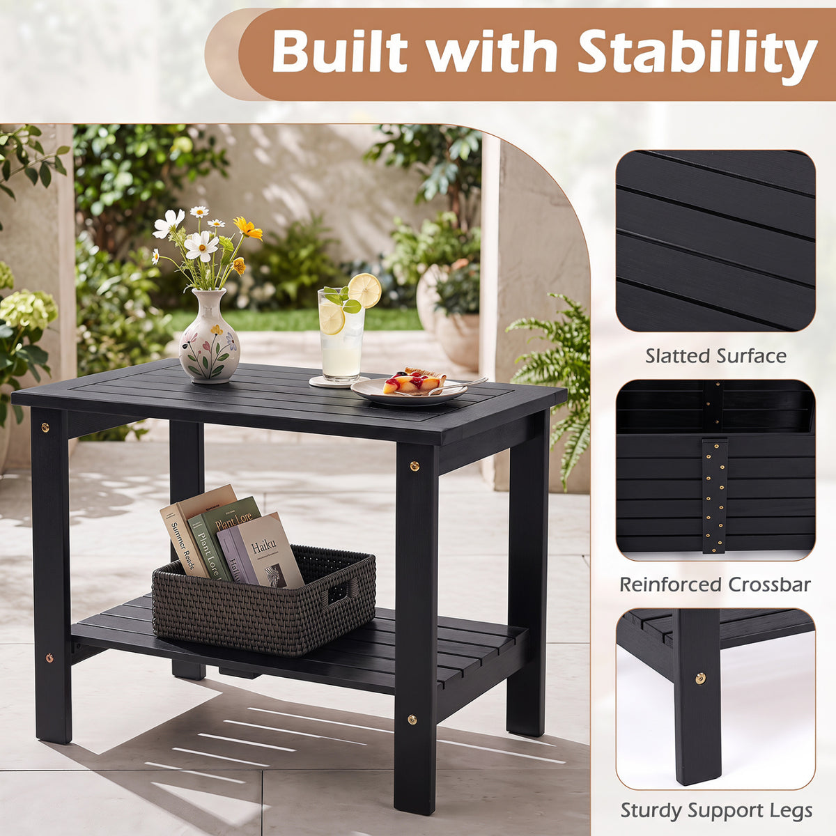 2-Tier Wood Patio End Table with Slatted Tabletop and Storage Shelf for Backyard