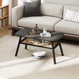 2-Tier Rectangular Center Coffee Table with Rattan Storage Shelf and Rubber Wood Legs-Dark Gray