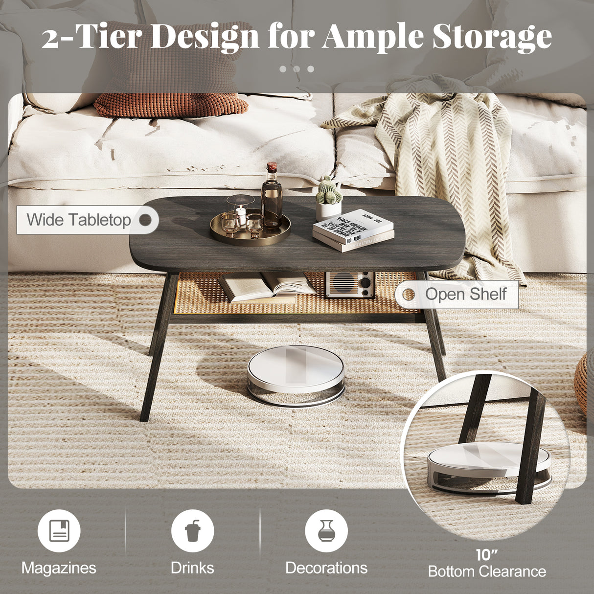 2-Tier Rectangular Center Coffee Table with Rattan Storage Shelf and Rubber Wood Legs-Dark Gray
