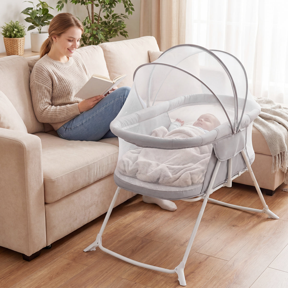 1 Baby Bassinet with Rocking Motion Foldable Bedside Sleeper with Breathable Mesh