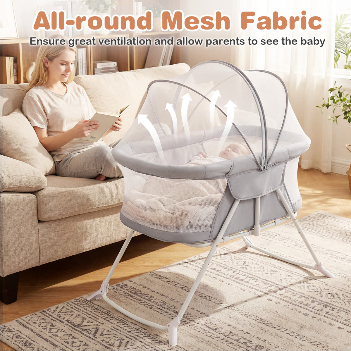 1 Baby Bassinet with Rocking Motion Foldable Bedside Sleeper with Breathable Mesh