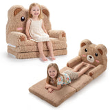 2-in-1 Foldable Kids Sofa Bed with Washable SlipcoverBear and Printed Designs for Toddlers-Brown