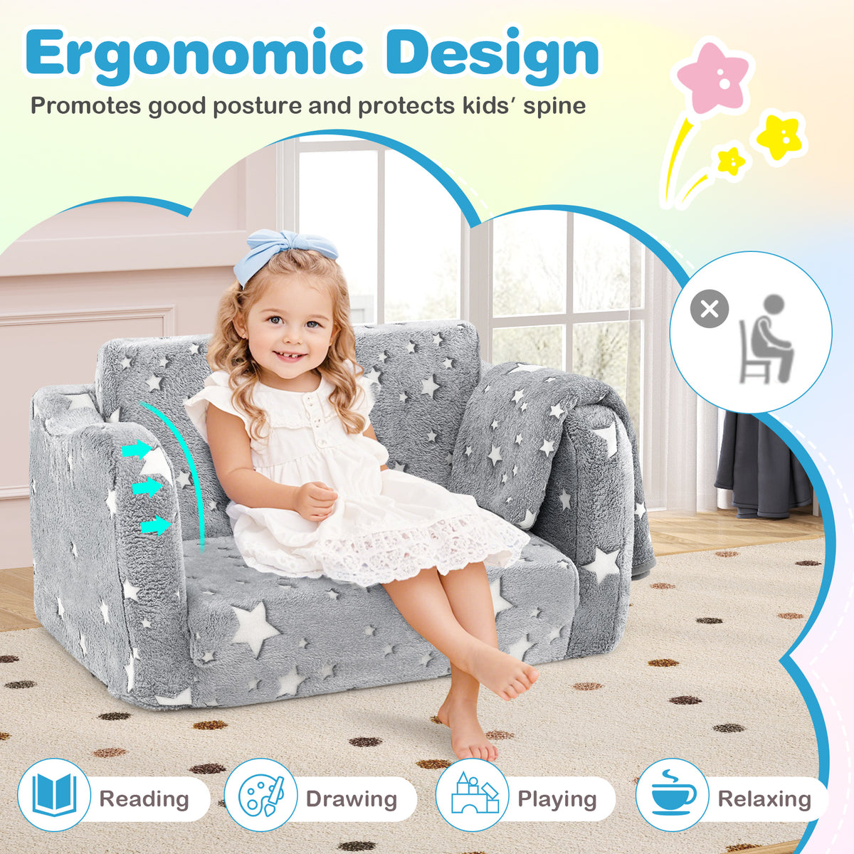 2-in-1 Folding Kids Couch with Blanket Glow in the Dark