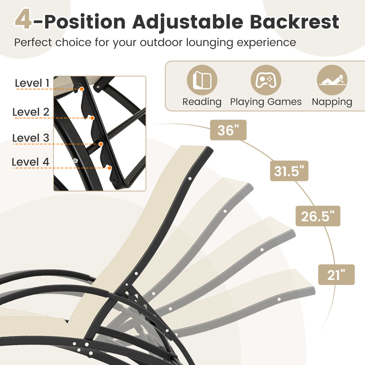 2-in-1 Outdoor Rocking Chair with 4-Position Adjustable Backrest for Patio Porch Poolside