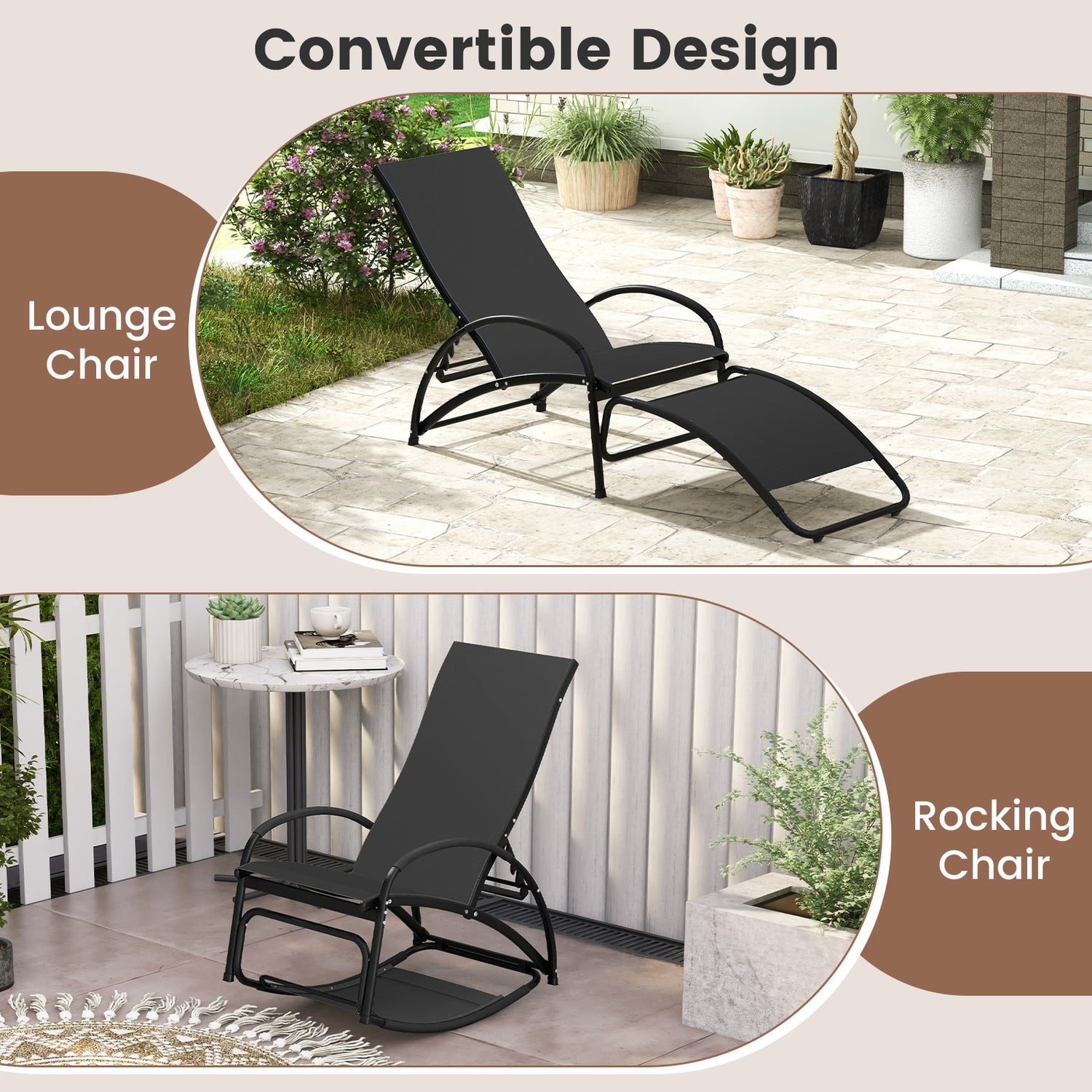 2-in-1 Outdoor Rocking Chair with 4-Position Adjustable Backrest for Patio Porch Poolside