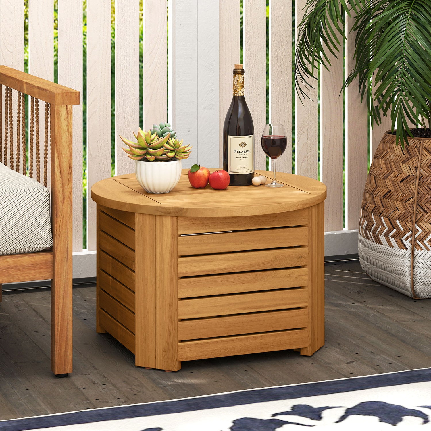 2-in-1 Outdoor Side Table with Storage Acacia Wood Slatted Coffee Table Square Slatted End Storage Box