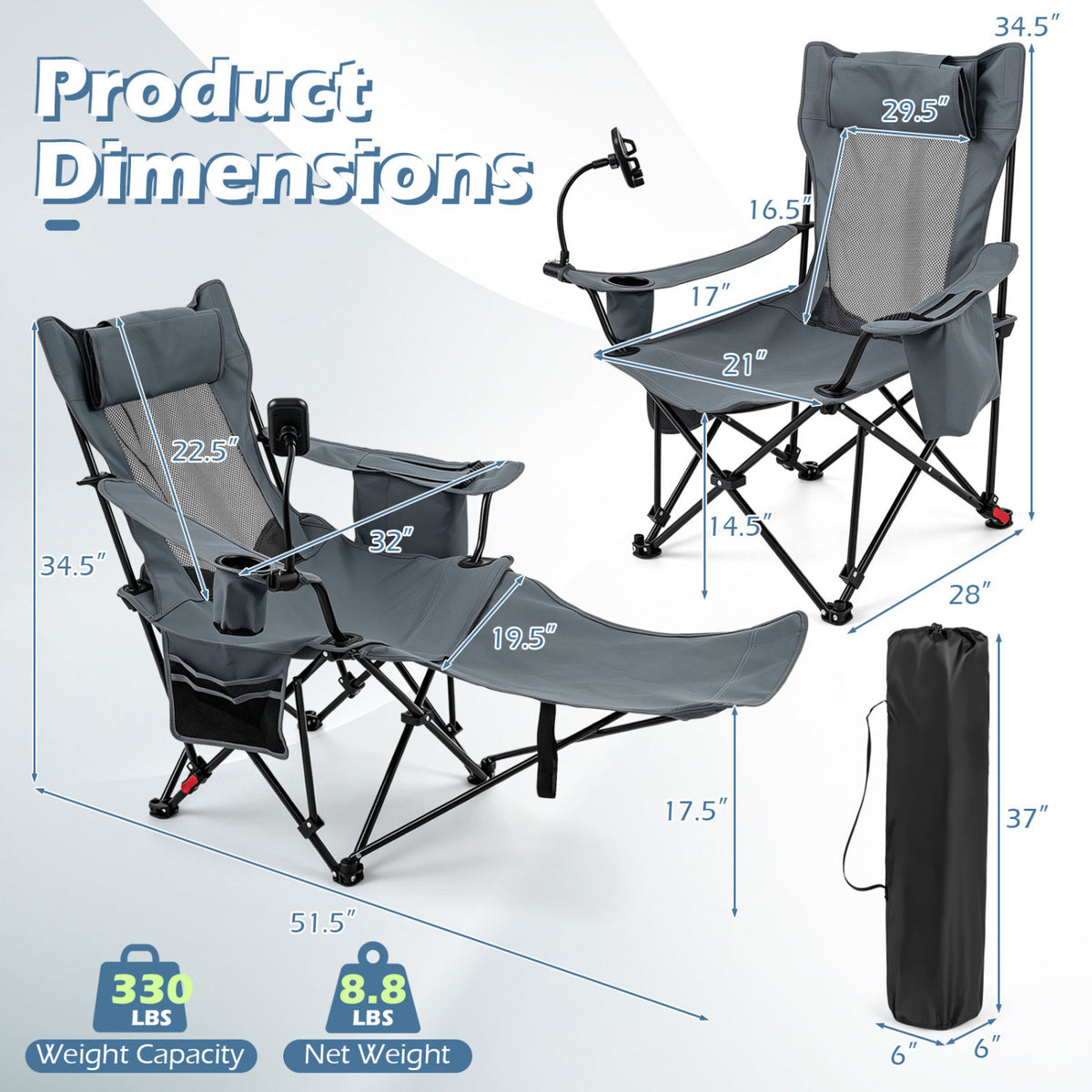 2-in-1 Reclining Camping Chair with 3-Level Adjustable Backrest