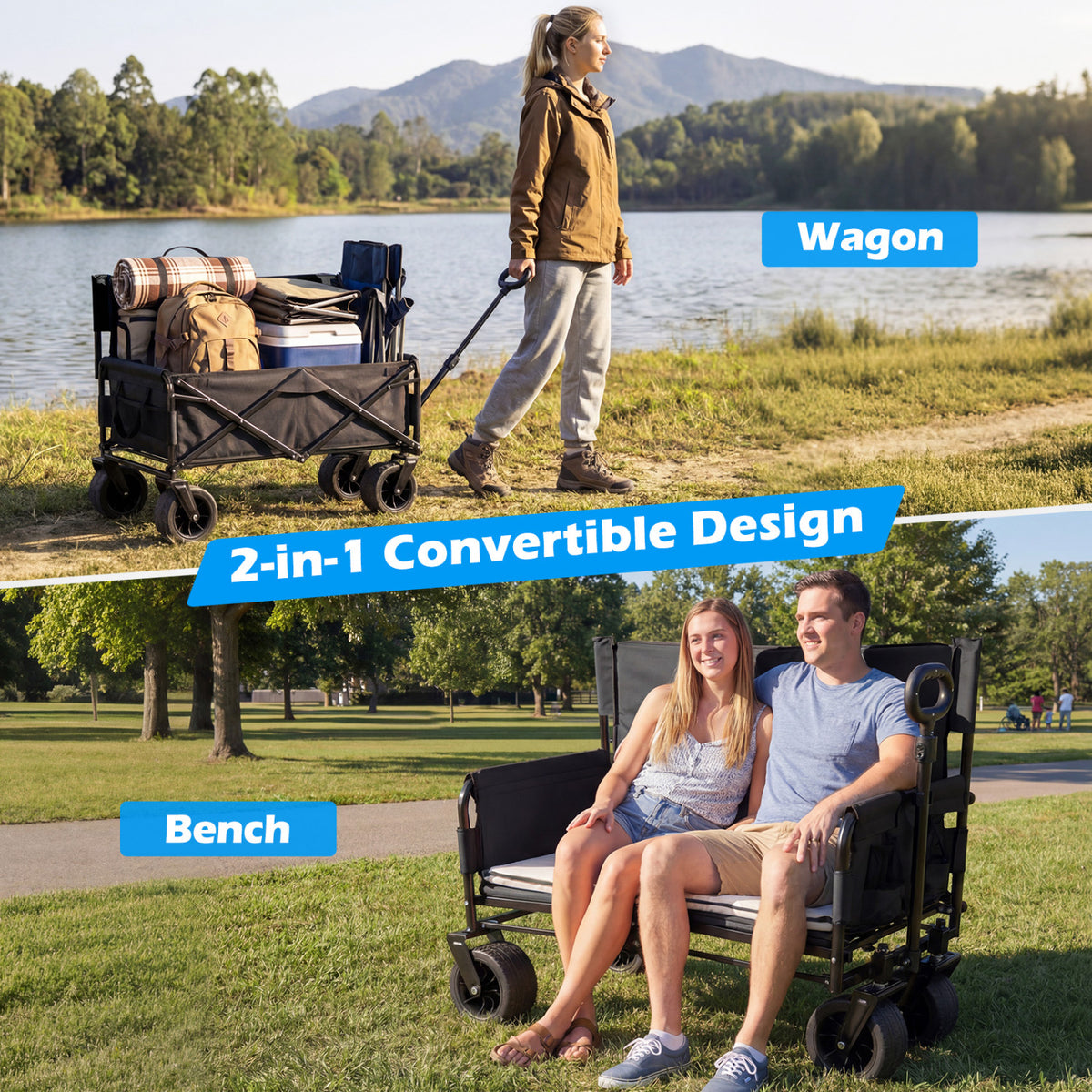 2-in-1 Wagon Bench Seat Combo Collapsible Beach Cart