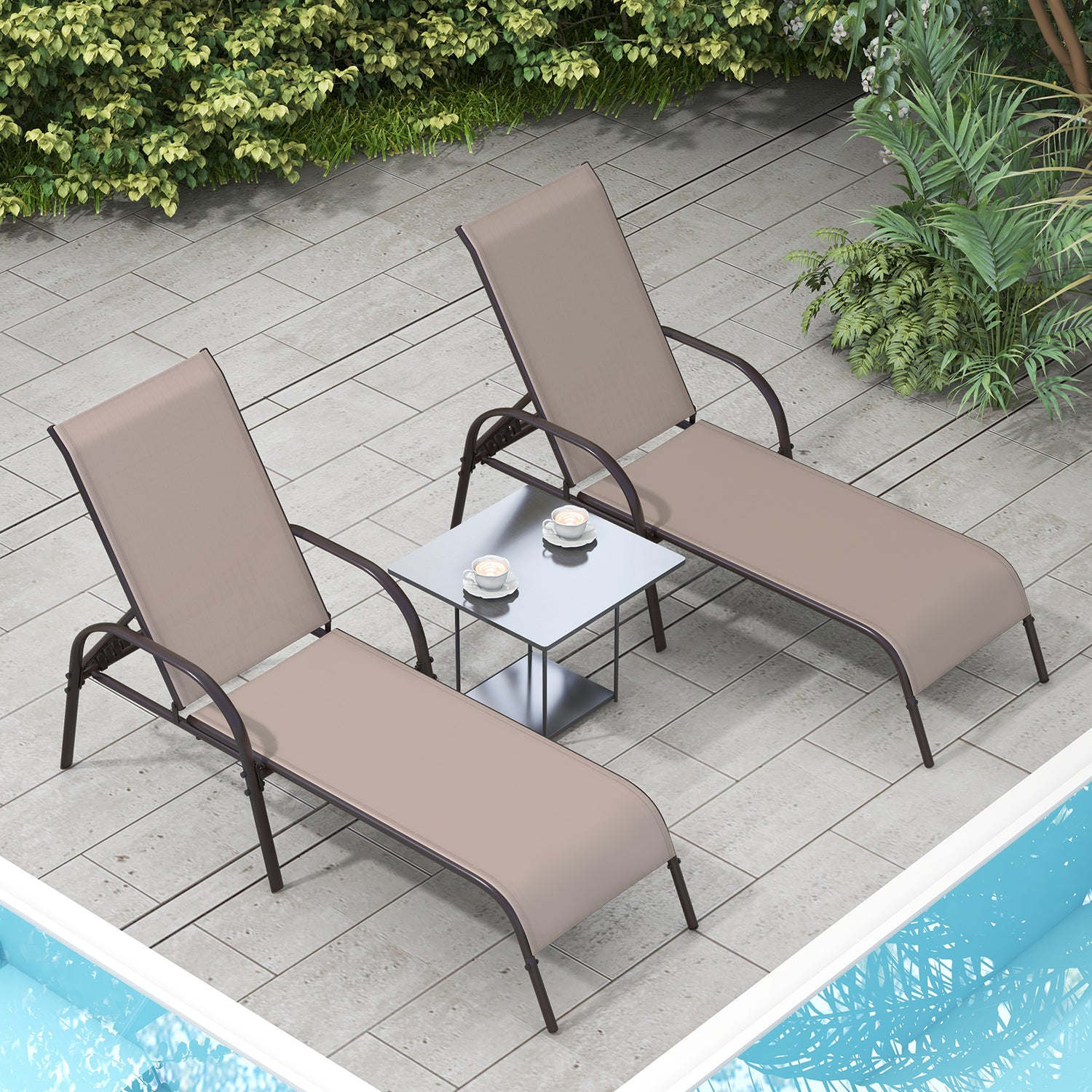 2 Pcs Outdoor Patio Lounge Chair Chaise Fabric with Adjustable Reclining Armrest