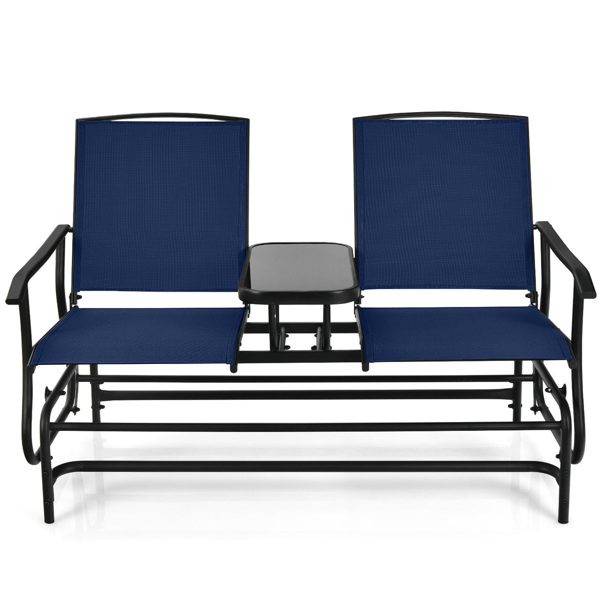 2-Person Rocking Loveseat with Mesh Fabric and Tempered Glass Table