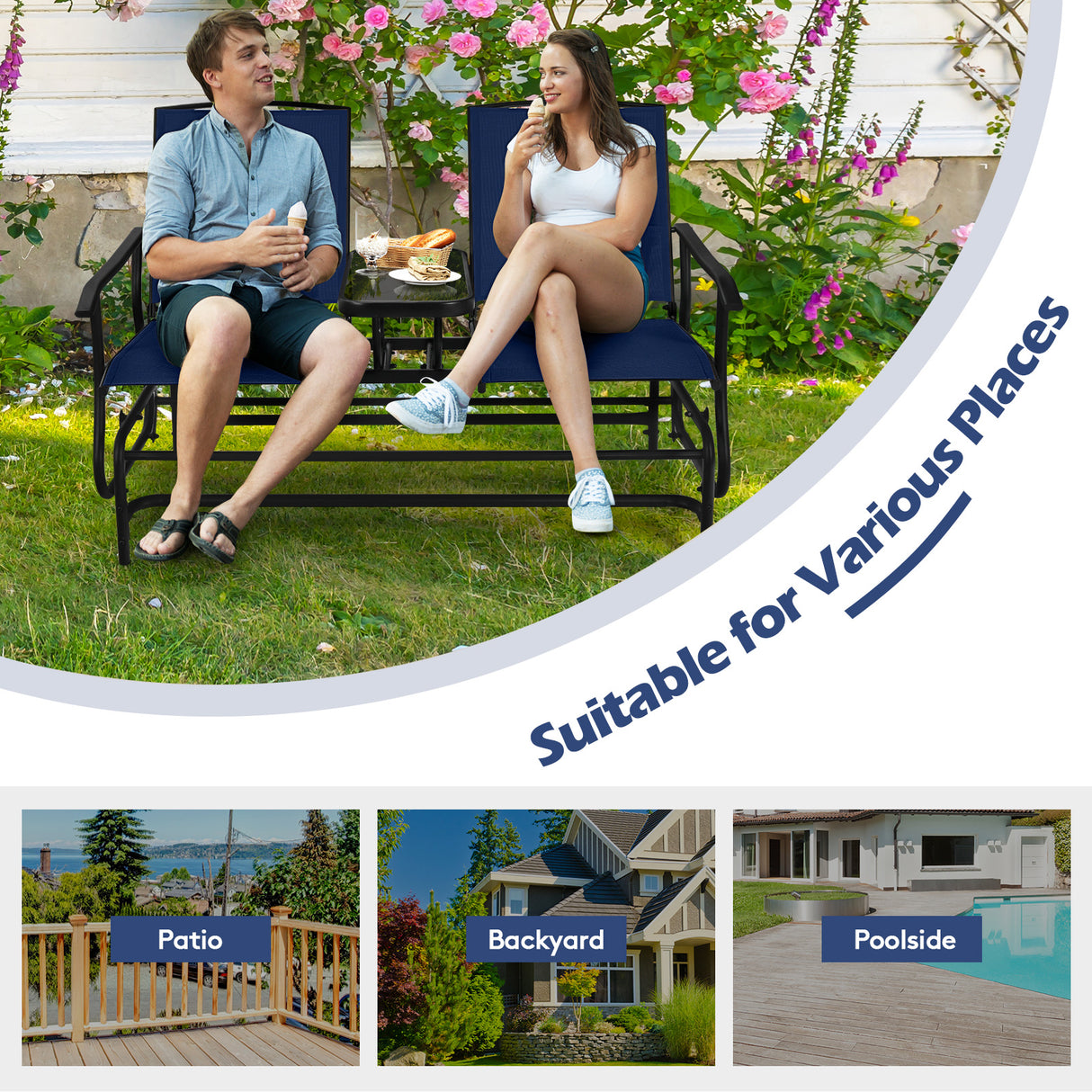 2-Person Rocking Loveseat with Mesh Fabric and Tempered Glass Table