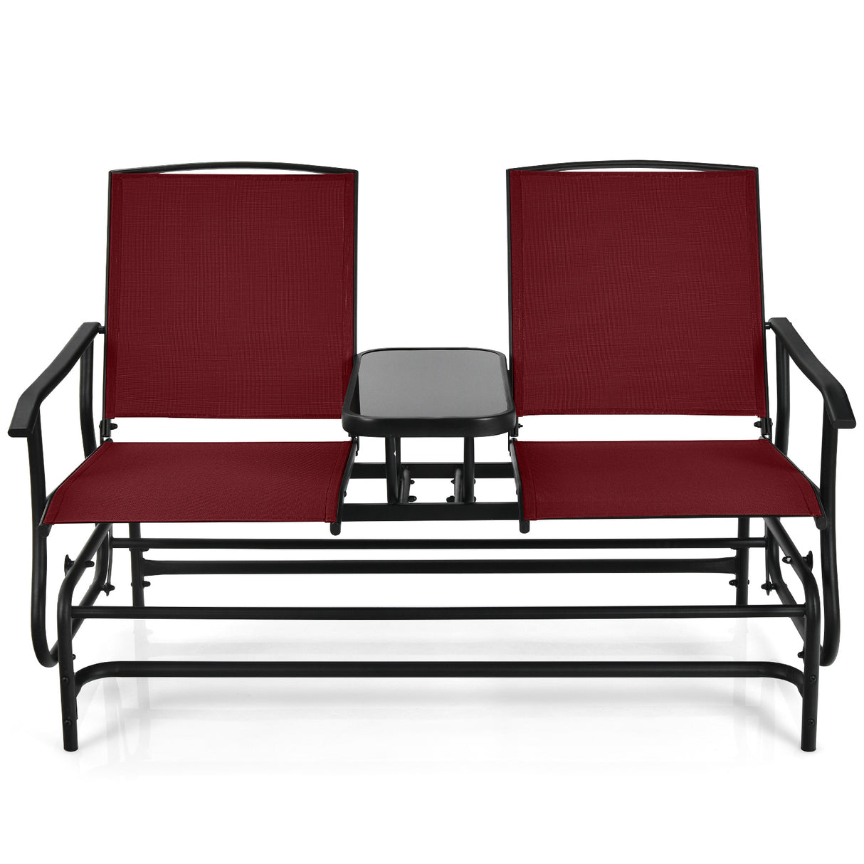 2-Person Rocking Loveseat with Mesh Fabric and Tempered Glass Table
