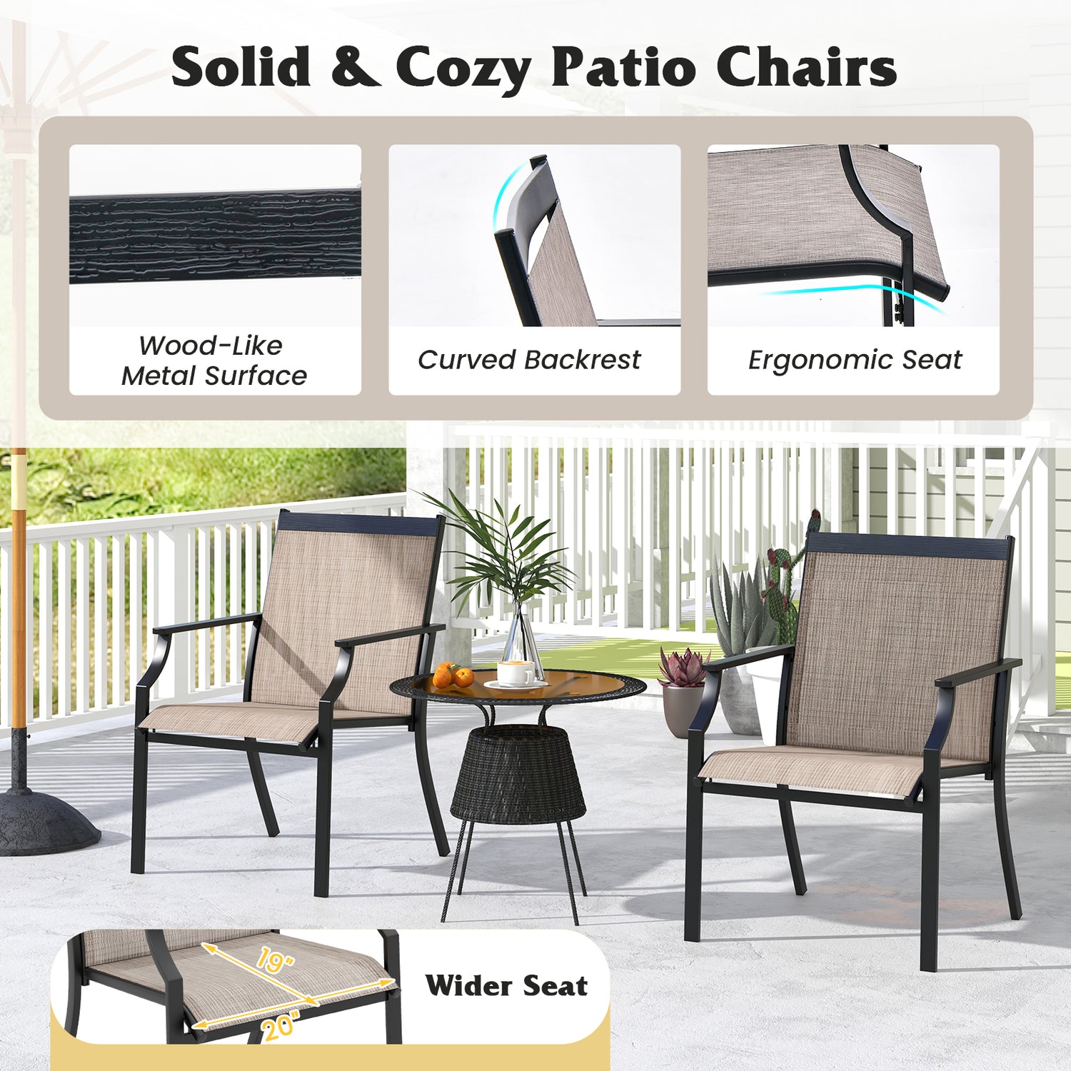 2 Piece Patio Dining Chairs Large Outdoor Chairs with Breathable Seat and Metal Frame