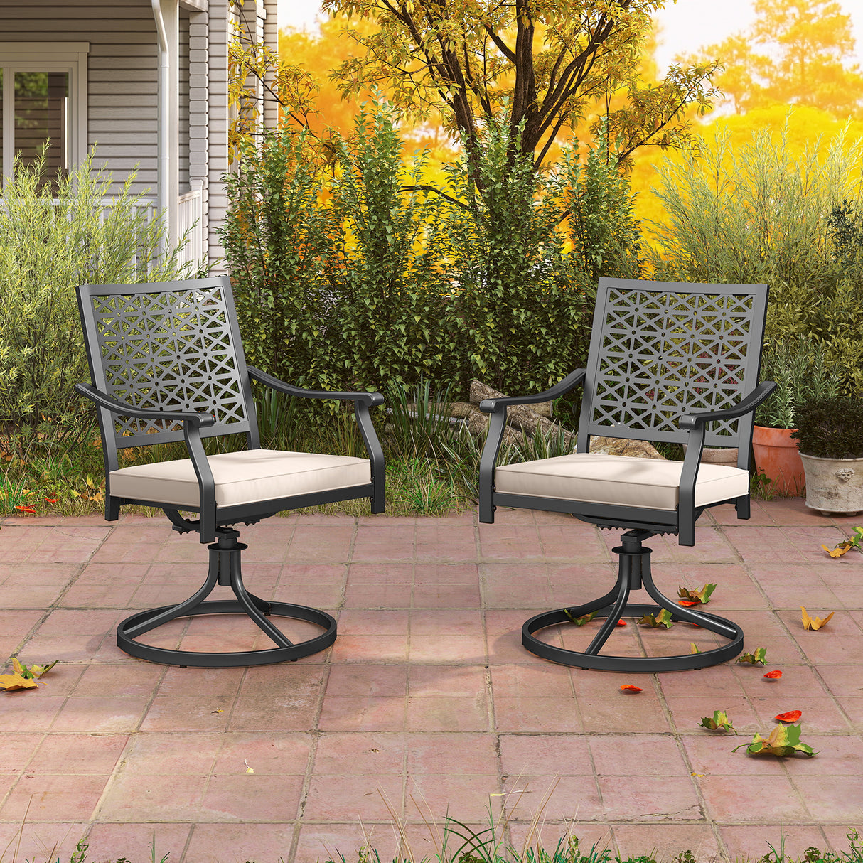 2 Pack Swivel Outdoor Chairs with Soft Cushions and Round Steel Base