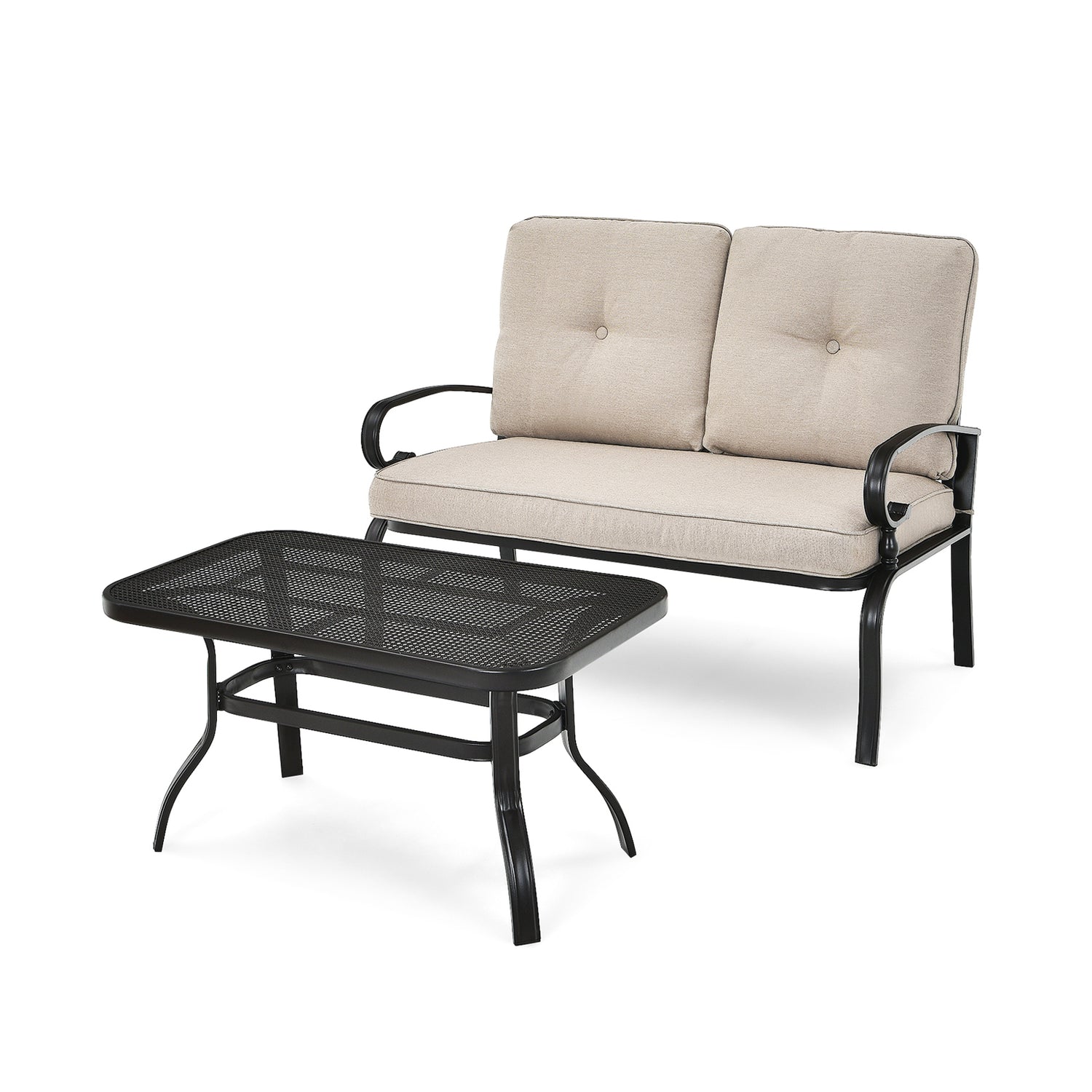 2PCS Patio Loveseat Bench Table Furniture Set with Cushioned Chair
