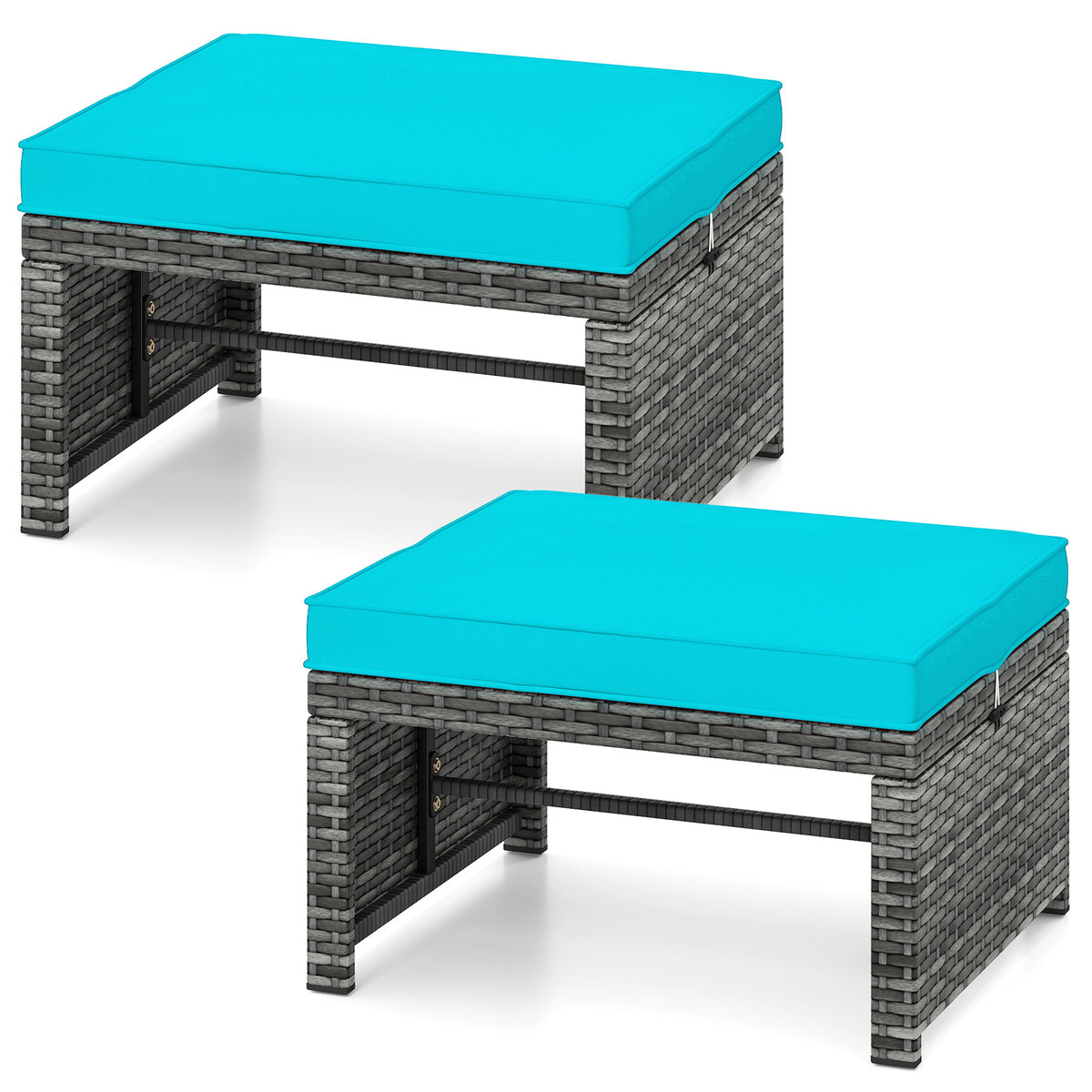 2 Pieces Patio PE Rattan Ottomans with Soft Zippered Cushions for Deck