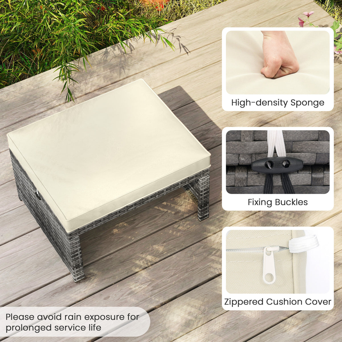 2 Pieces Patio PE Rattan Ottomans with Soft Zippered Cushions for Deck