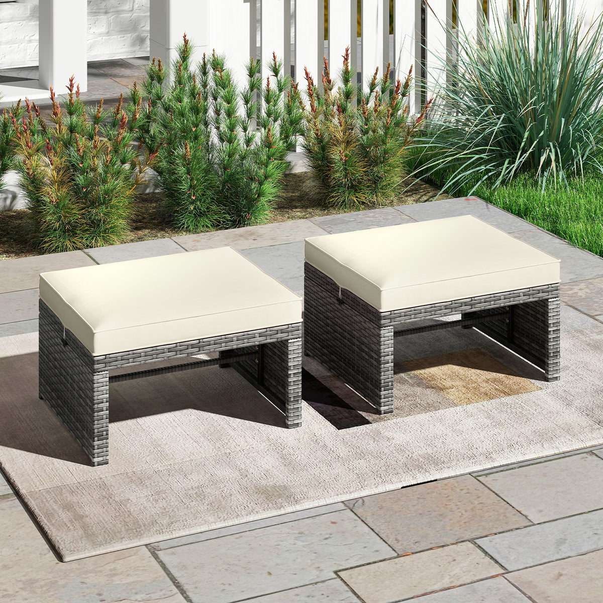 2 Pieces Patio PE Rattan Ottomans with Soft Zippered Cushions for Deck