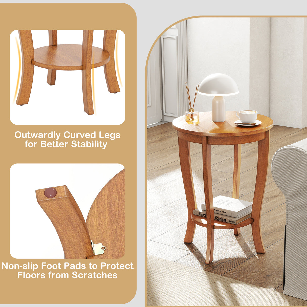 2-tier Round End Table with Solid Wood Legs