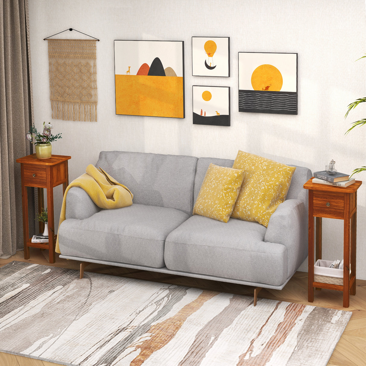 2 Tier Slim Nightstand Bedside Table with Drawer Shelf