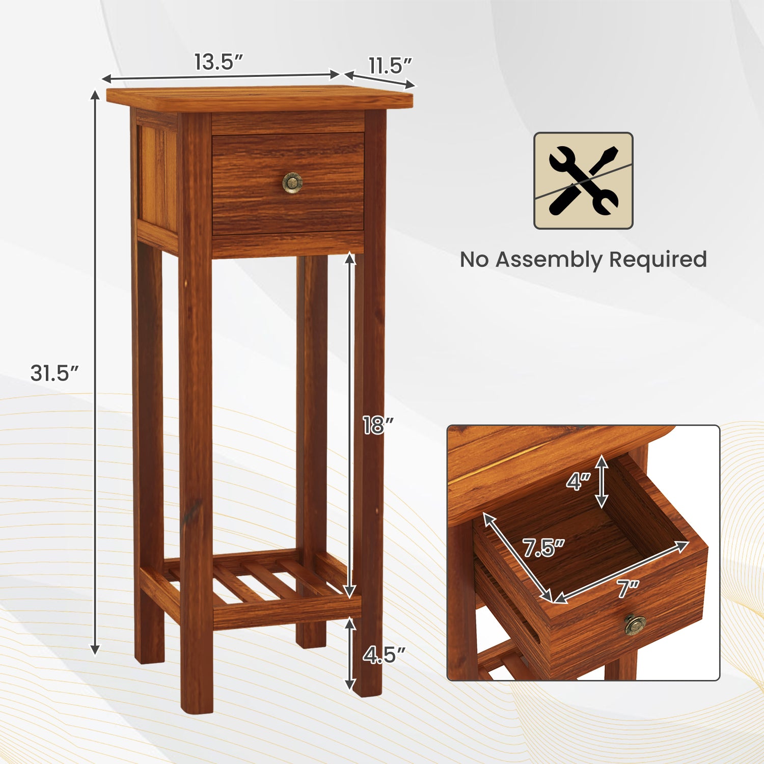 2 Tier Slim Nightstand Bedside Table with Drawer Shelf
