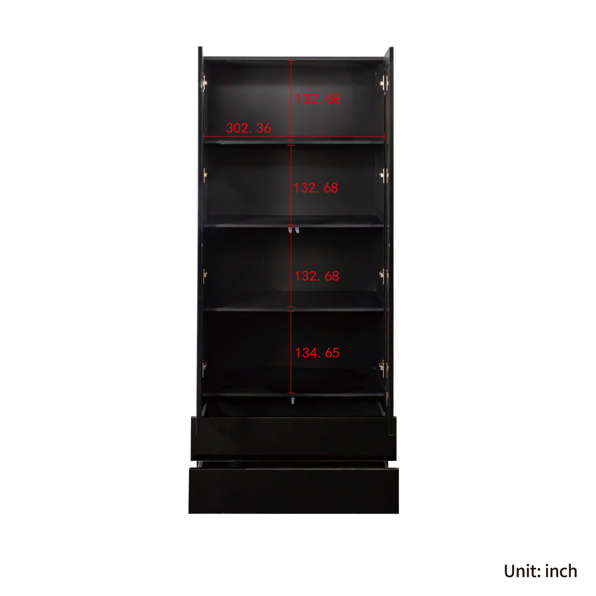 Display Cabinet with Glass Doors, Curio Storage Cabinet with 2-Drawer, Bookcase with LED Lights, Black