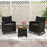 3-Piece Patio Rattan Roker Chairs with Tempered Glass Table and Soft Cushions