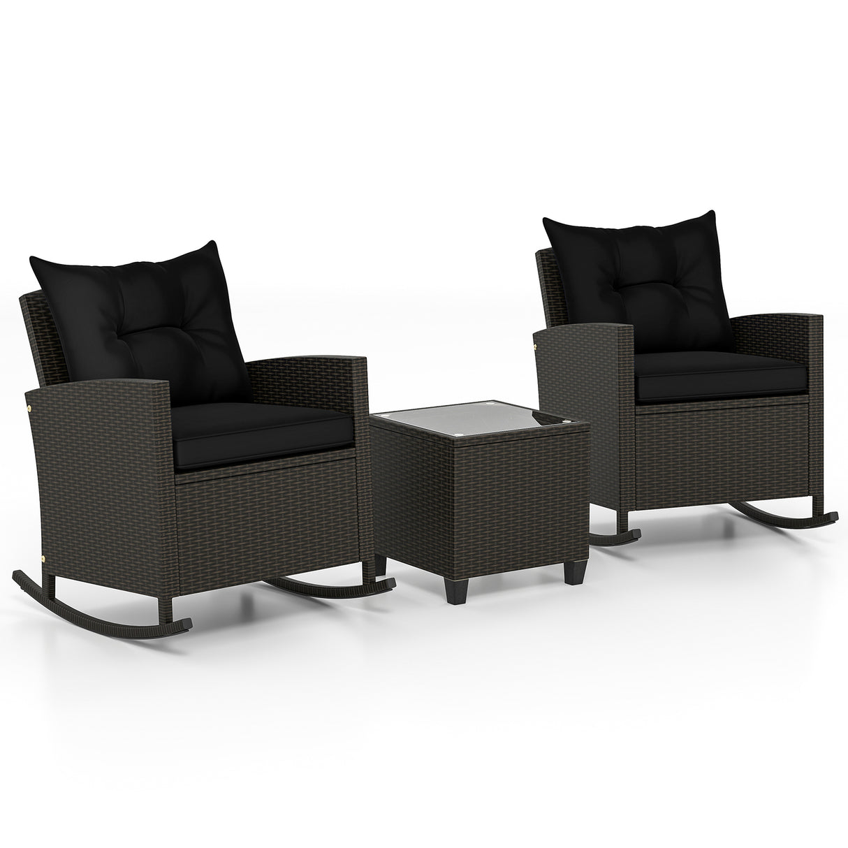 3-Piece Patio Rattan Roker Chairs with Tempered Glass Table and Soft Cushions