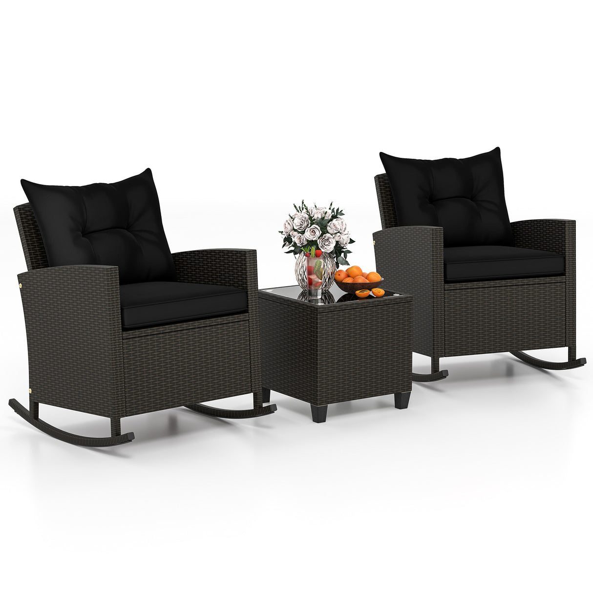 3-Piece Patio Rattan Roker Chairs with Tempered Glass Table and Soft Cushions