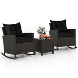 3-Piece Patio Rattan Roker Chairs with Tempered Glass Table and Soft Cushions