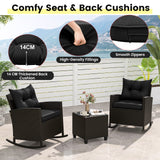 3-Piece Patio Rattan Roker Chairs with Tempered Glass Table and Soft Cushions