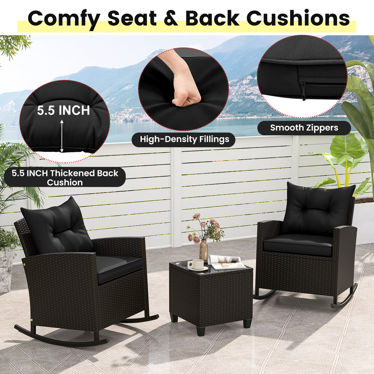 3-Piece Patio Rattan Roker Chairs with Tempered Glass Table and Soft Cushions
