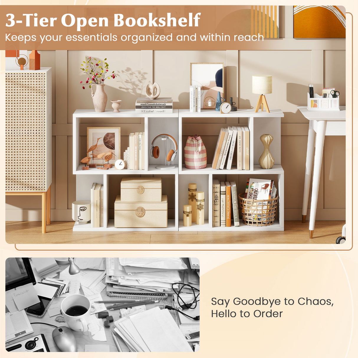 3-Tier Bookshelf with Display Shelf for Small Space