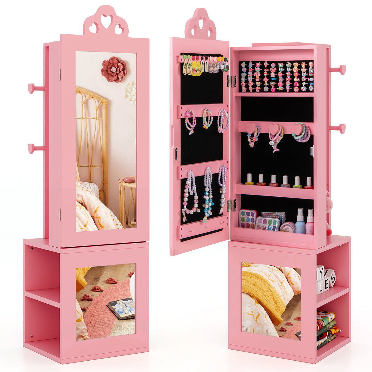 3-in-1 Freestanding Kids Jewelry Cabinet Armoire with Full Length Mirror