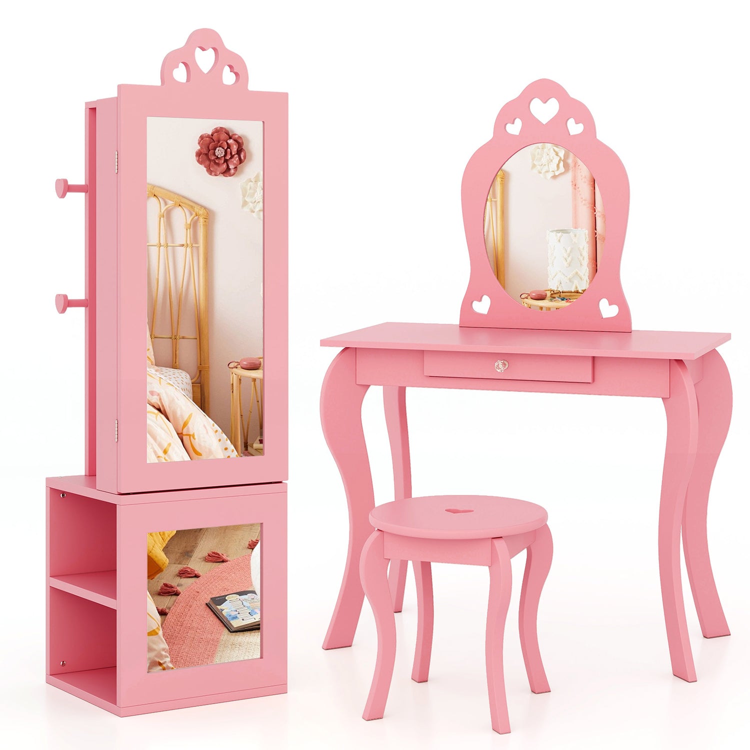 3-in-1 Freestanding Kids Jewelry Cabinet Armoire with Full Length Mirror