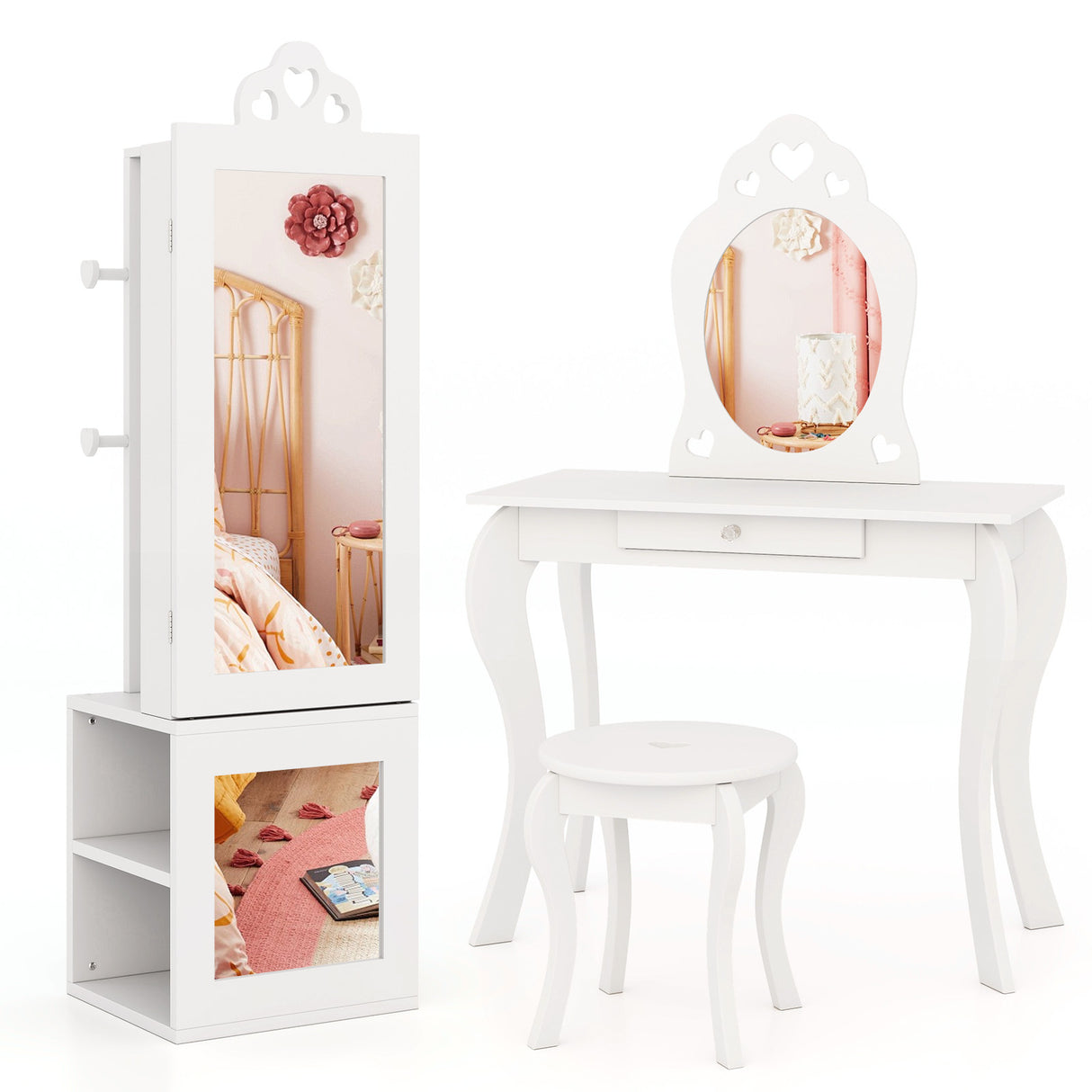 3-in-1 Freestanding Kids Jewelry Cabinet Armoire with Full Length Mirror