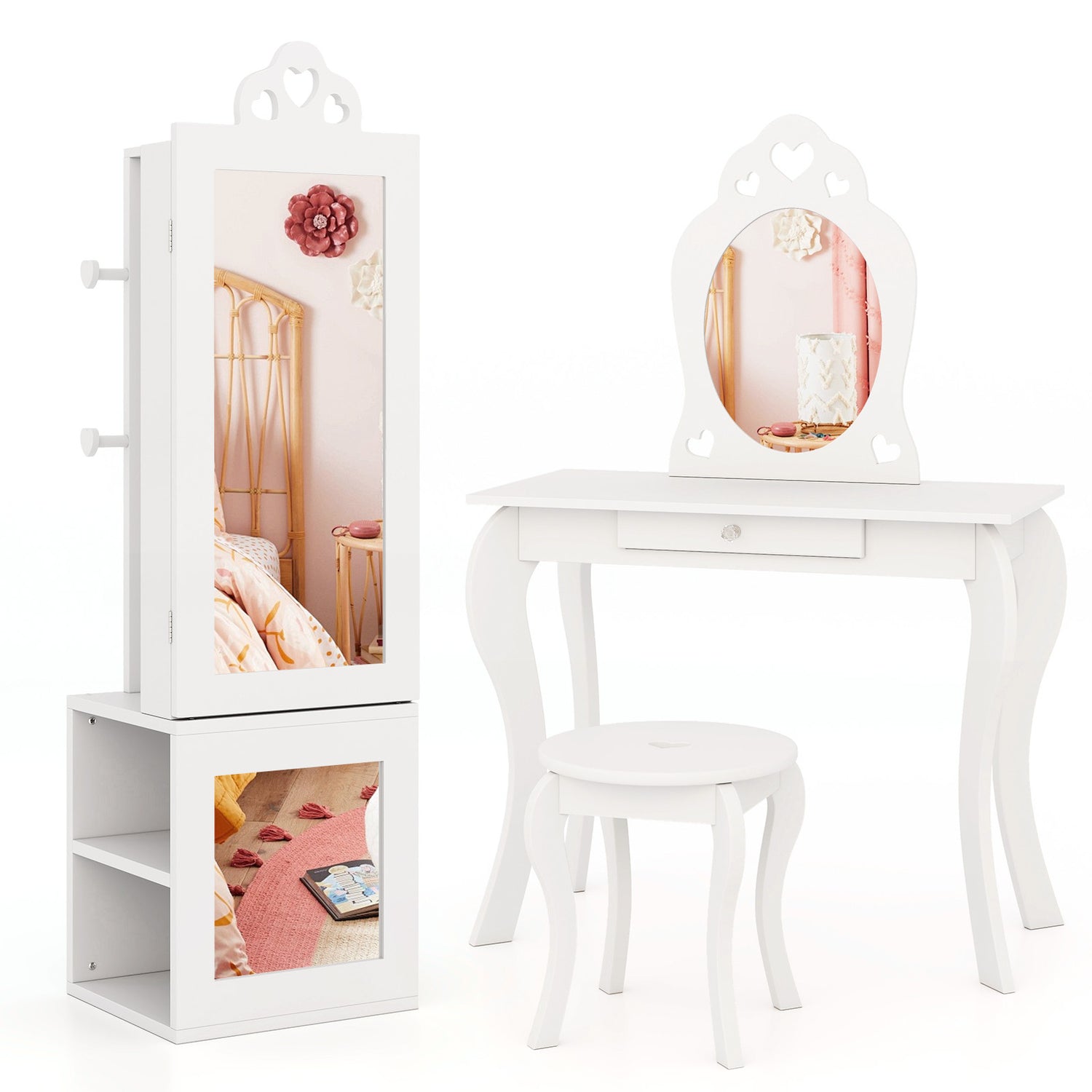 3-in-1 Freestanding Kids Jewelry Cabinet Armoire with Full Length Mirror